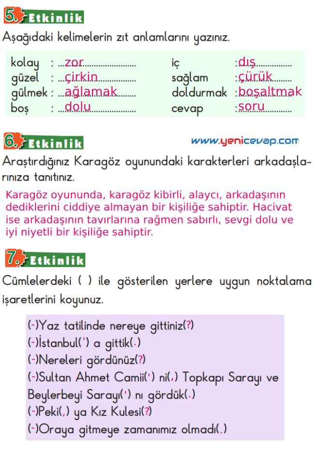 2. Sınıf Türkçe Kitabı Sayfa 194 195 196 200 Cevapları Meb