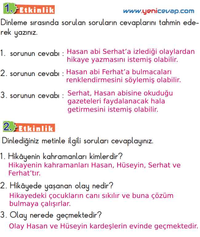 2. Sınıf Türkçe Kitabı Sayfa 94 95 97 98 Cevapları Meb