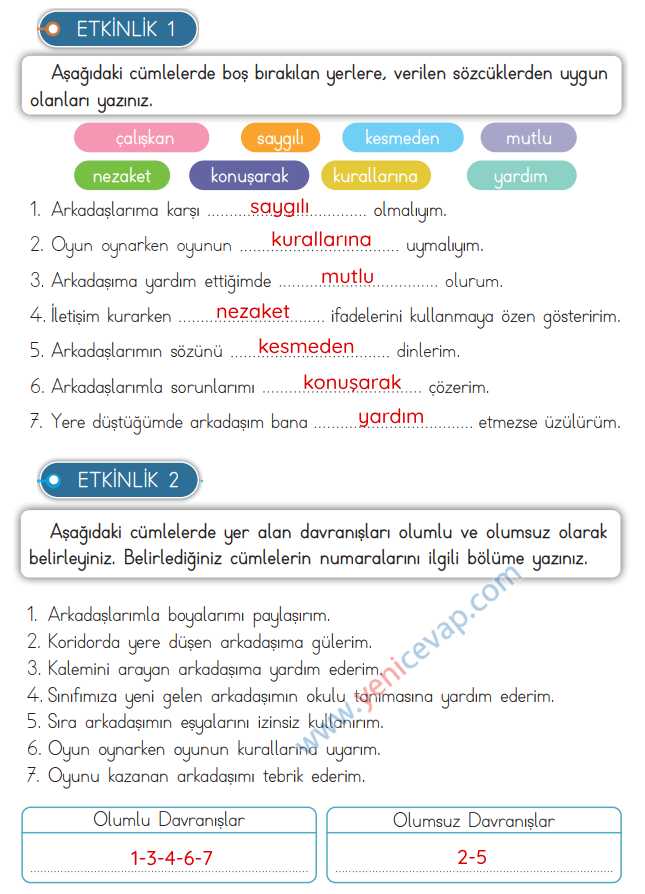 3. Sınıf Hayat Bilgisi Kitabı Sayfa 16 17 18 20 Cevapları Meb
