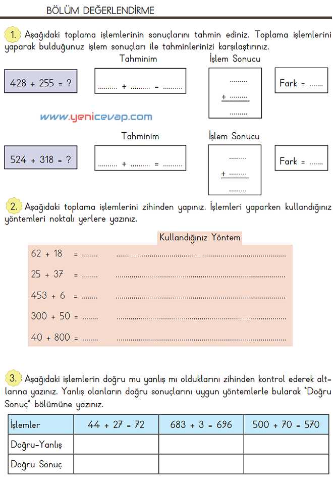 3. Sınıf Matematik Kitabı Sayfa 62 70 74 Cevapları Meb