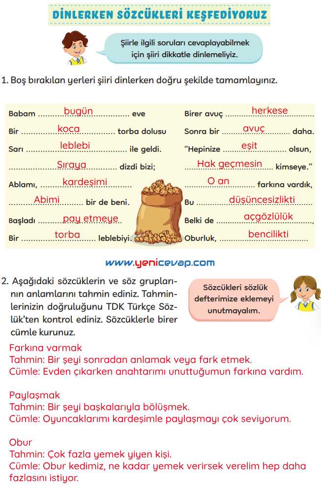 3. Sınıf Türkçe Kitabı Sayfa 106 107 108 Cevapları Meb