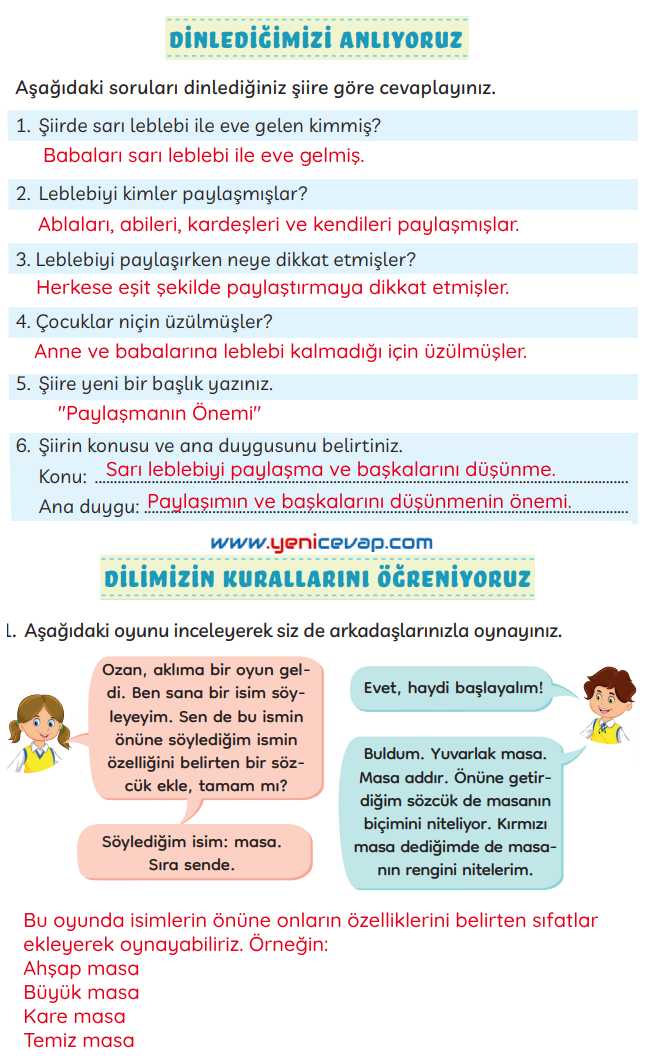 3. Sınıf Türkçe Kitabı Sayfa 106 107 108 Cevapları Meb