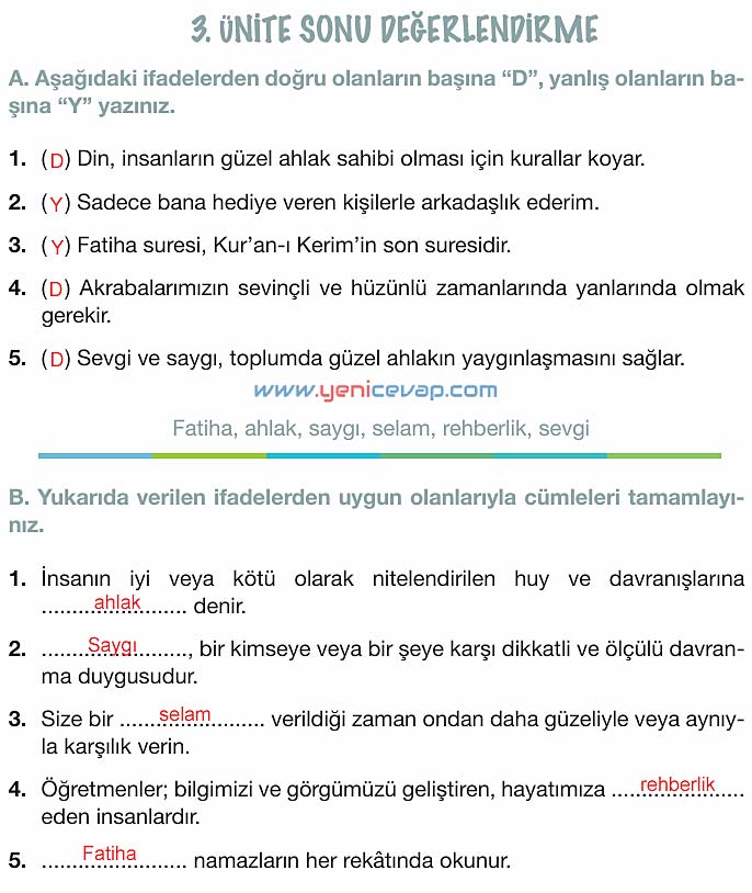4. Sınıf Din Kültürü Kitabı Sayfa 70 72 73 74 Cevapları Meb