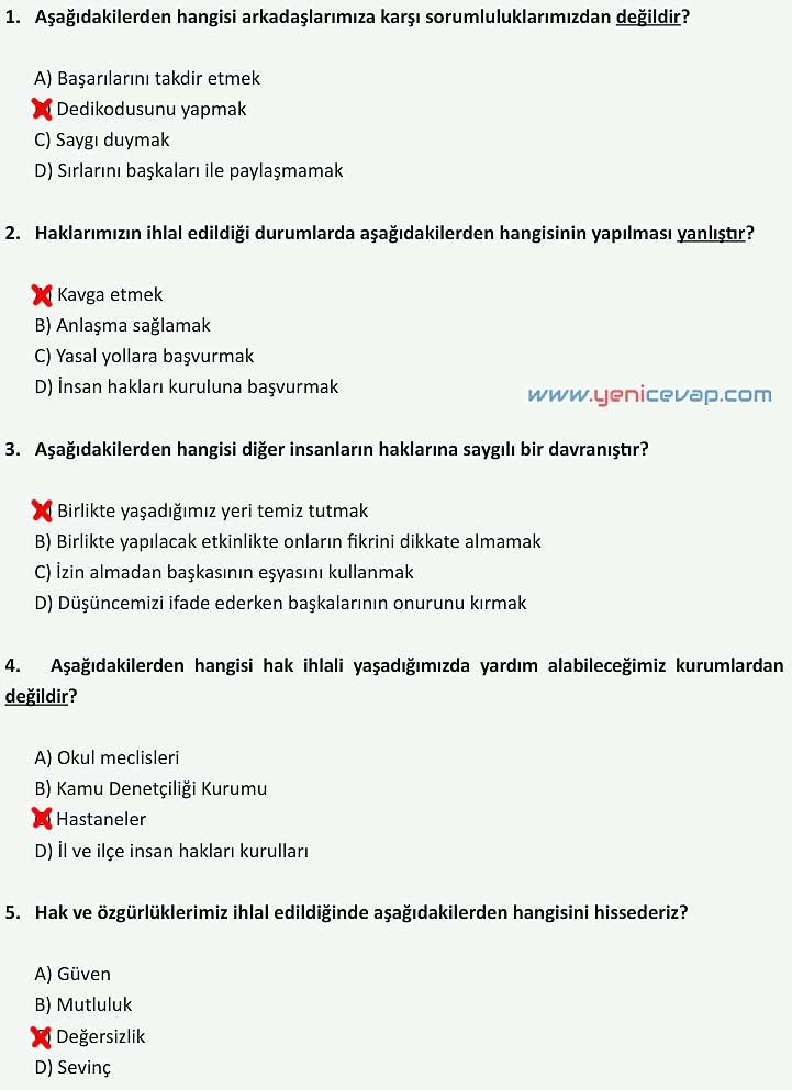 4. Sınıf İnsan Hakları Kitabı Sayfa 40 41 42 43 Cevapları Meb