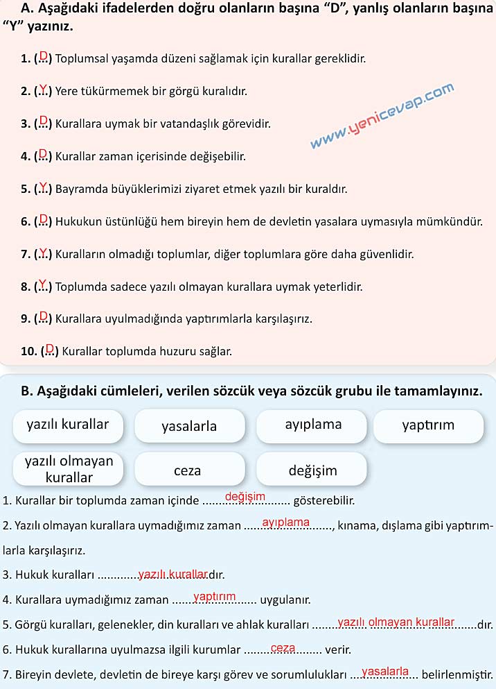 4. Sınıf İnsan Hakları Kitabı Sayfa 84 85 86 90 Cevapları Meb