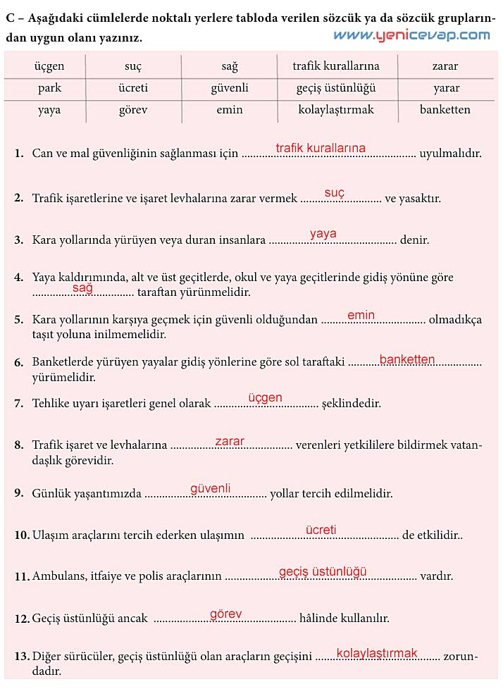 4. Sınıf Trafik Güvenliği Kitabı Sayfa 29 30 31 32 33 Cevapları Meb