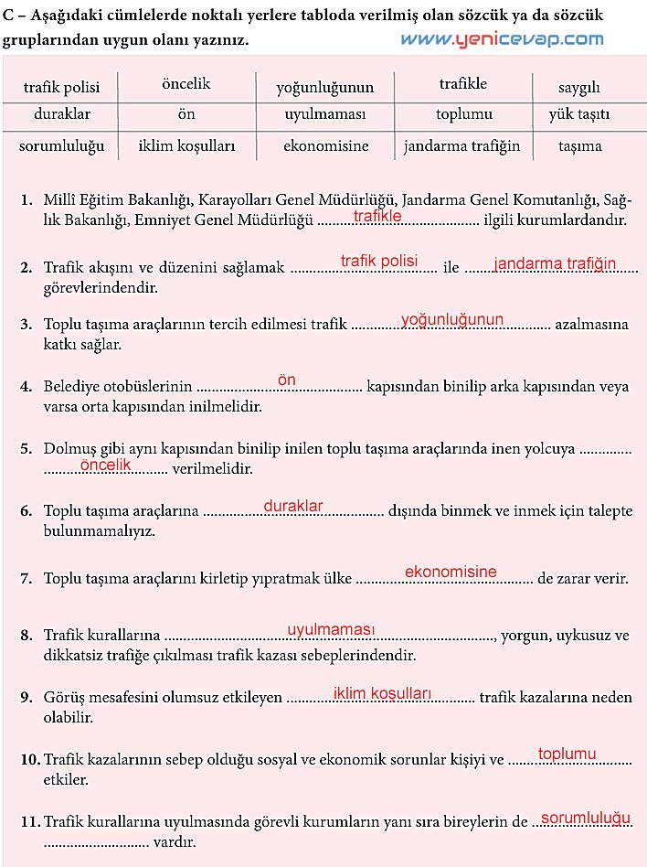 4. Sınıf Trafik Güvenliği Kitabı Sayfa 55 56 57 58 59 Cevapları Meb