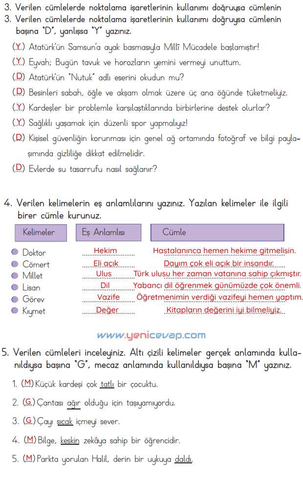 4. Sınıf Türkçe Kitabı Sayfa 103 104 105 108 Cevapları Meb