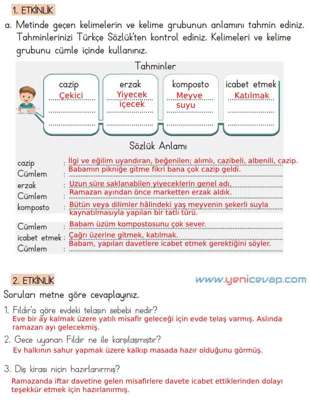 4. Sınıf Türkçe Kitabı Sayfa 182 184 185 186 Cevapları Meb