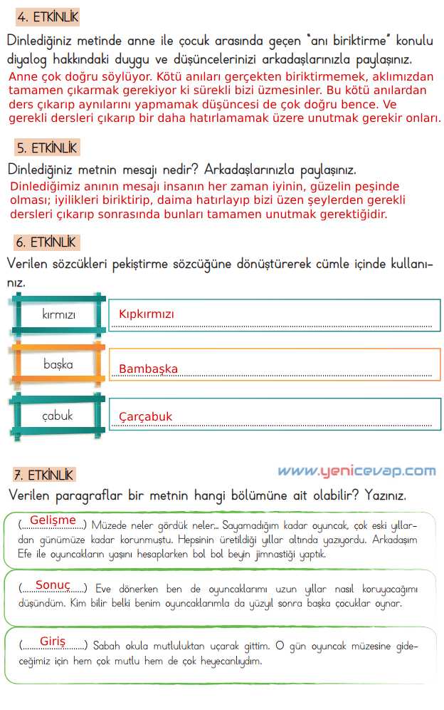 4. Sınıf Türkçe Kitabı Sayfa 206 207 208 209 Cevapları Meb