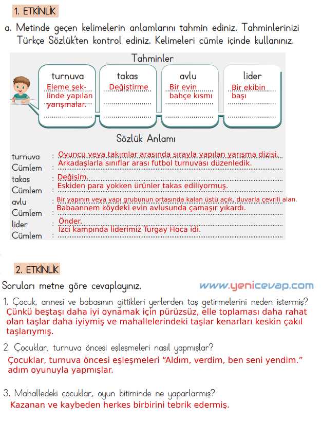 4. Sınıf Türkçe Kitabı Sayfa 216 218 219 220 Cevapları Meb