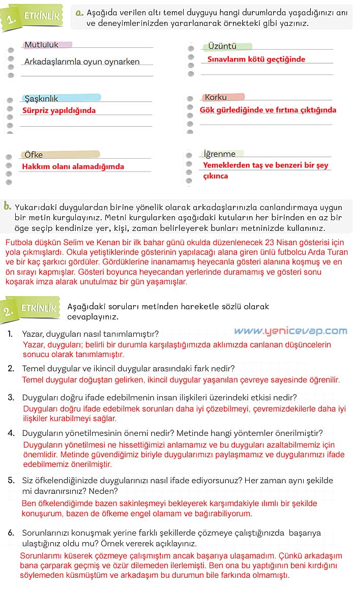 5. Sınıf Türkçe 1. Kitap Sayfa 138 139 140 141 142 Cevapları Meb