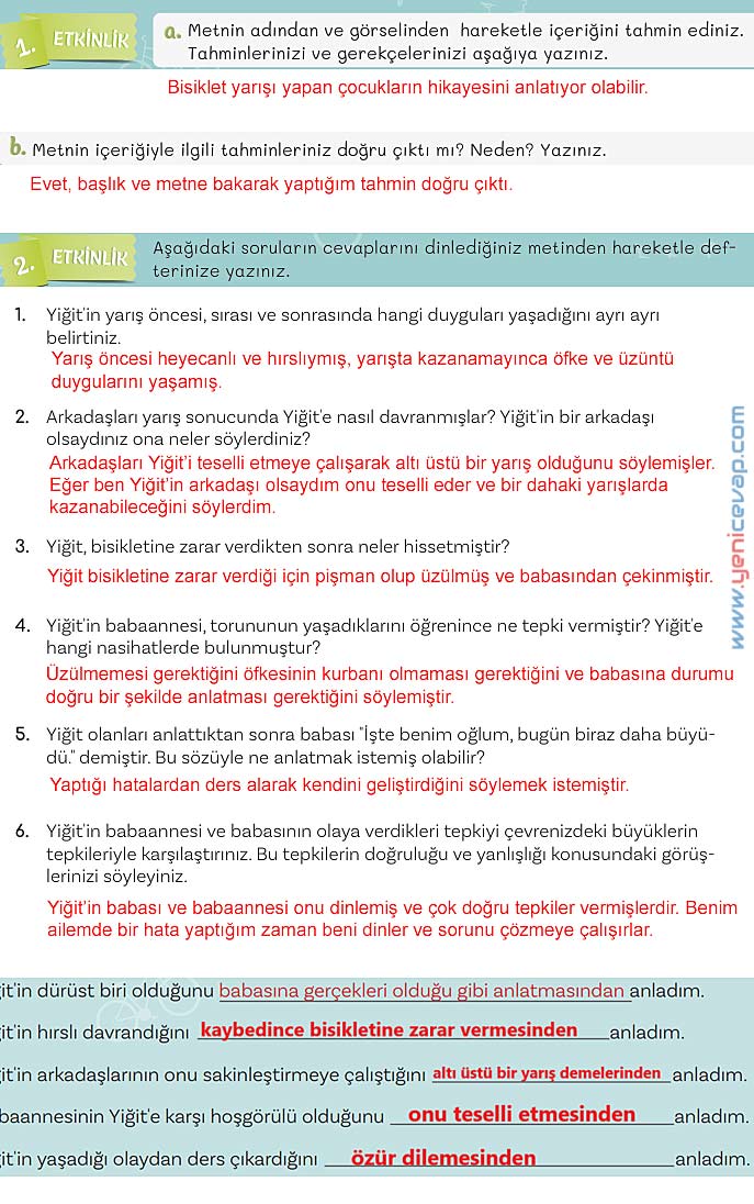 5. Sınıf Türkçe 1. Kitap Sayfa 167 169 170 171 Cevapları Meb