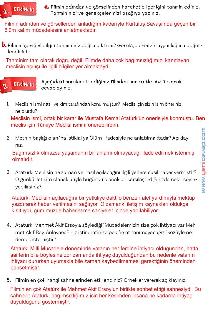 5. Sınıf Türkçe 1. Kitap Sayfa 83 84 85 86 Cevapları Meb