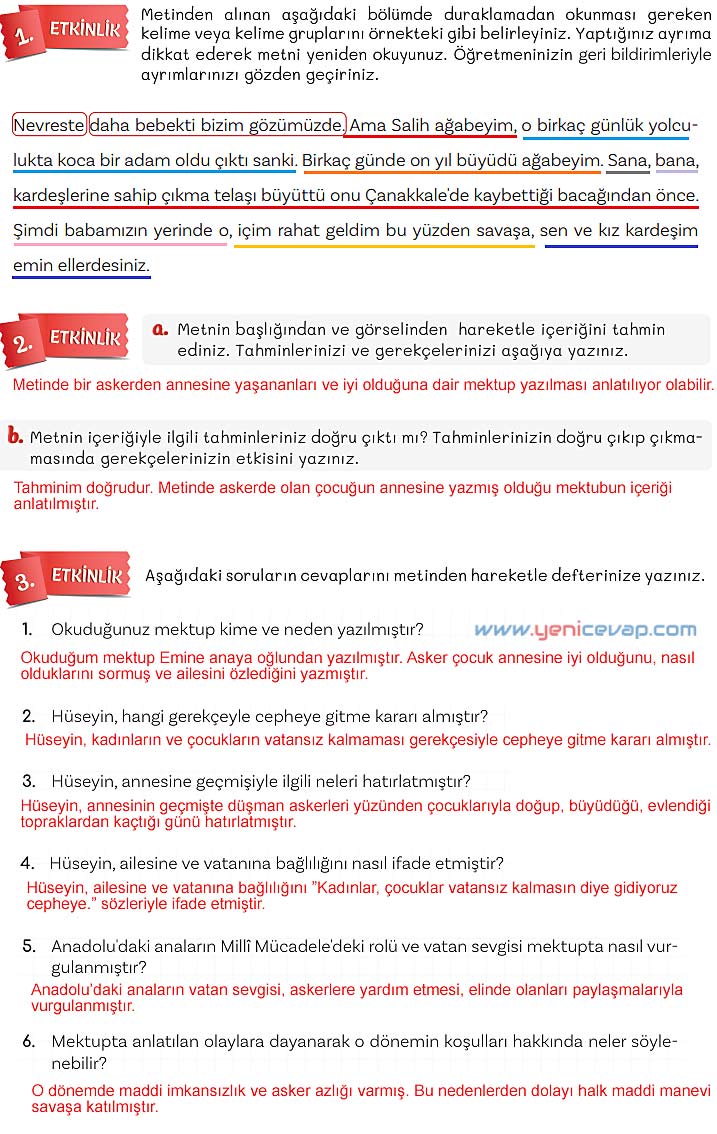 5. Sınıf Türkçe 1. Kitap Sayfa 87 88 89 90 93 Cevapları Meb