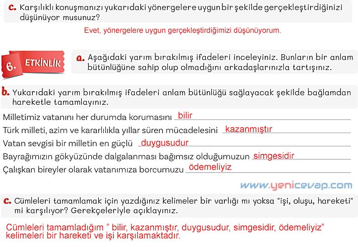 5. Sınıf Türkçe 1. Kitap Sayfa 94 95 96 97 98 100 Cevapları Meb