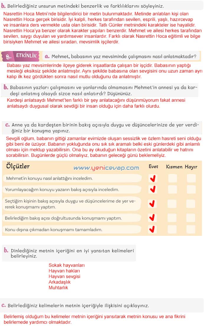 5. Sınıf Türkçe 2. Kitap Sayfa 83 84 85 86 Cevapları Meb