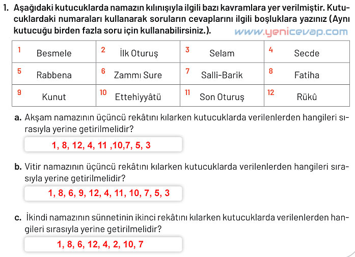6. Sınıf Din Kültürü Kitabı Sayfa 51 59 70 71 73 74 Cevapları Meb