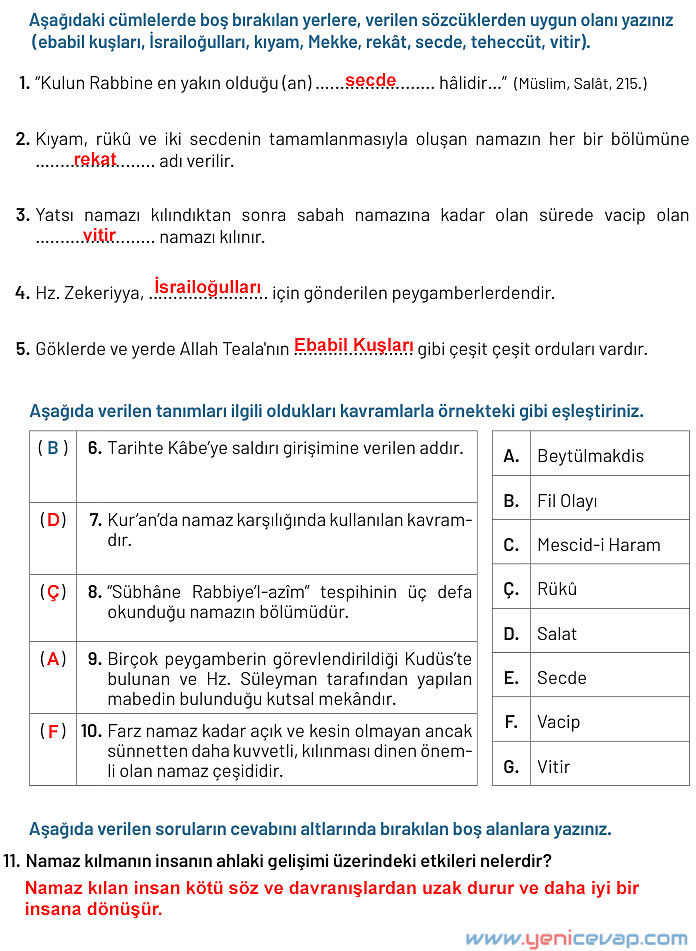 6. Sınıf Din Kültürü Kitabı Sayfa 51 59 70 71 73 74 Cevapları Meb