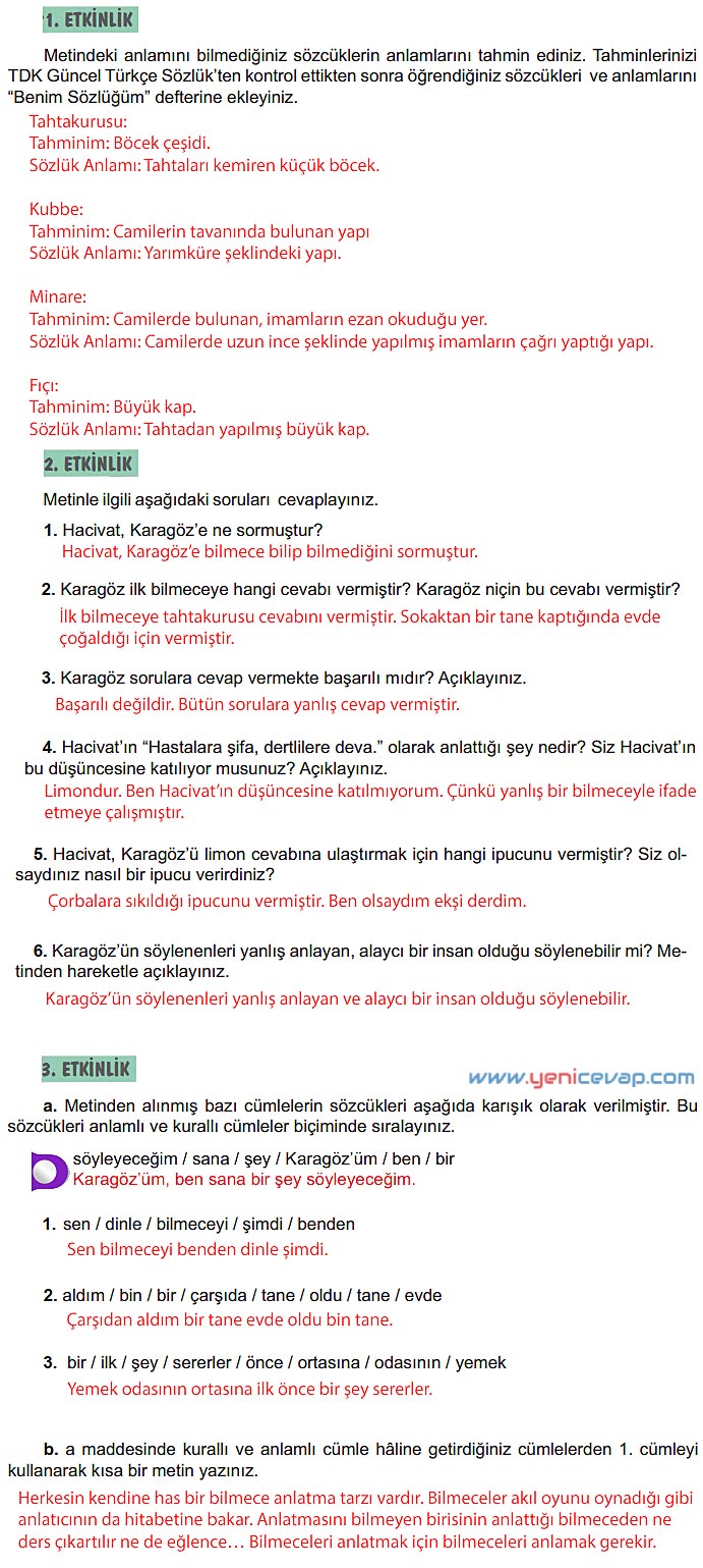 6. Sınıf Türkçe Kitabı Sayfa 179 181 187 188 189 Cevapları Meb