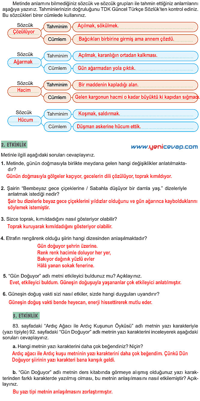 6. Sınıf Türkçe Kitabı Sayfa 90 91 92 93 94 Cevapları Meb