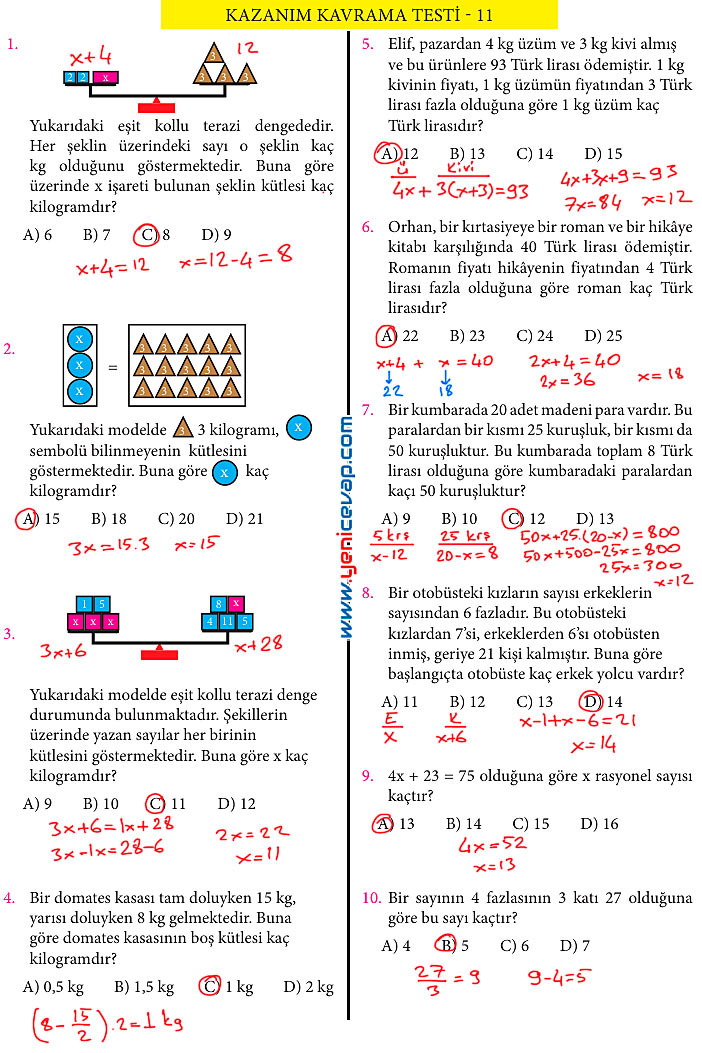 7. Sınıf Matematik Kitabı Sayfa 104 105 106 111 112 113 114 Cevapları Meb
