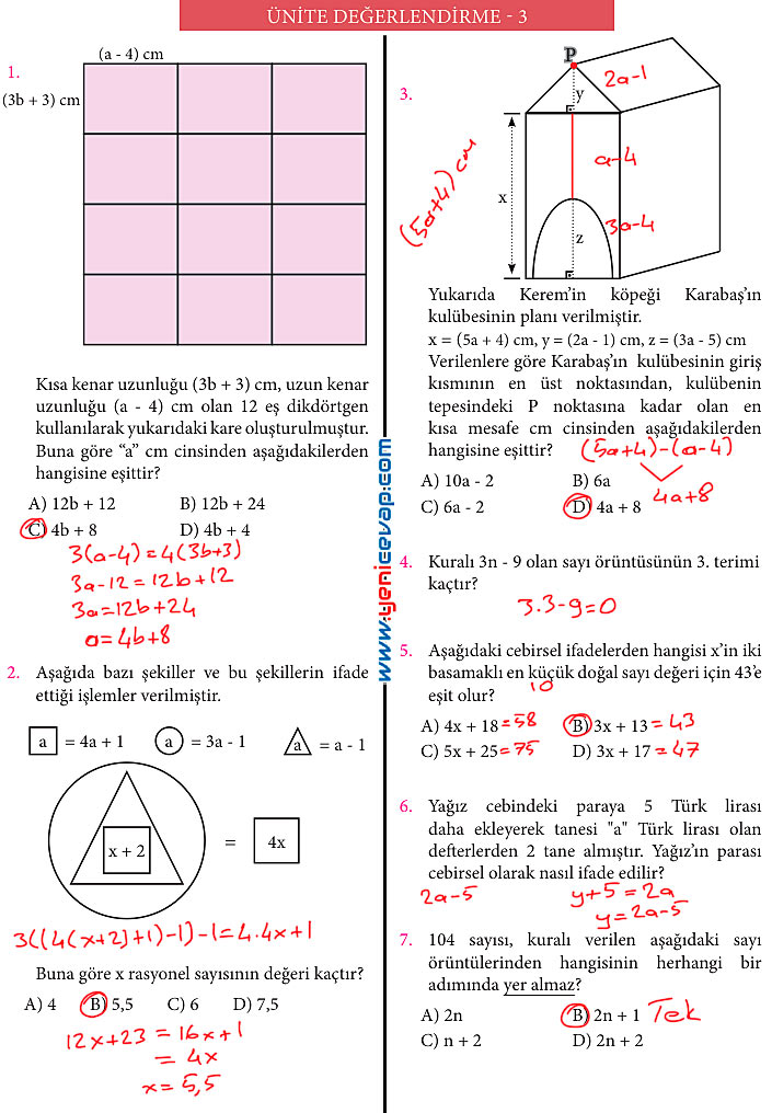 7. Sınıf Matematik Kitabı Sayfa 104 105 106 111 112 113 114 Cevapları Meb