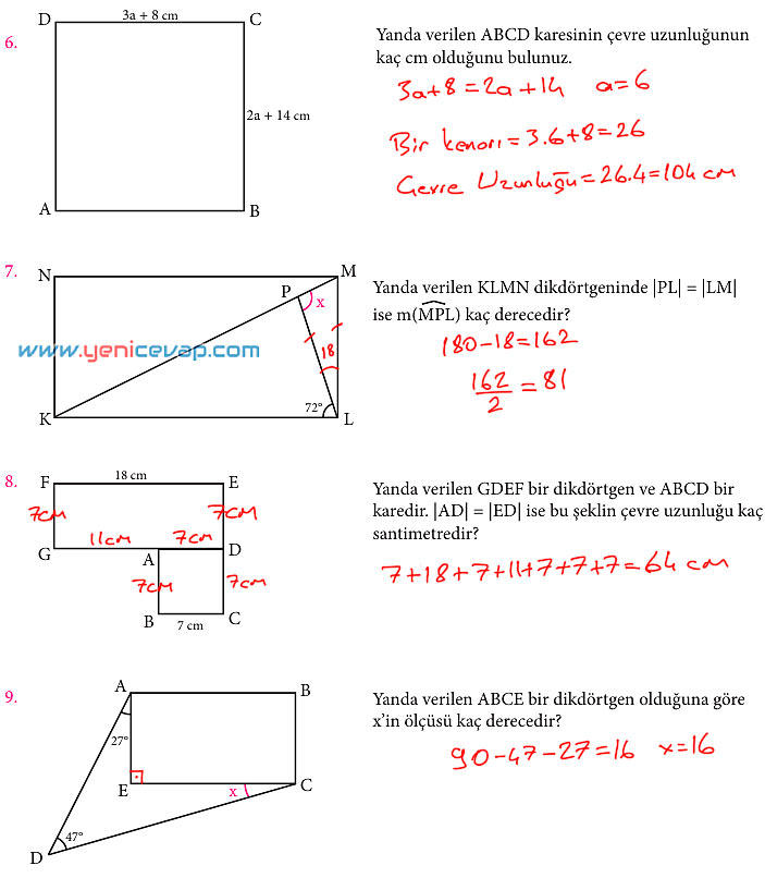 7. Sınıf Matematik Kitabı Sayfa 172 173 177 178 188 189 190 Cevapları Meb