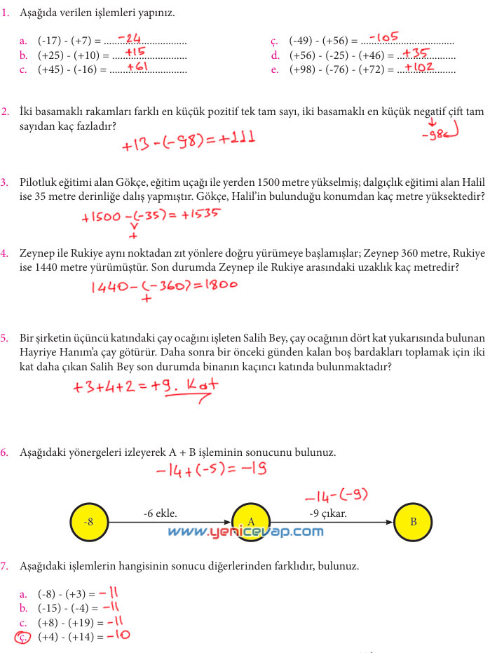 7. Sınıf Matematik Kitabı Sayfa 12 13 17 19 20 21 Cevapları Meb