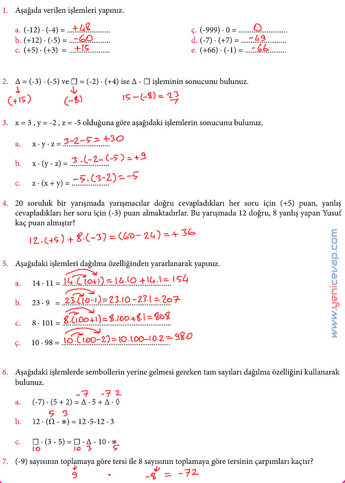 7. Sınıf Matematik Kitabı Sayfa 25 29 30 31 32 33 Cevapları Meb