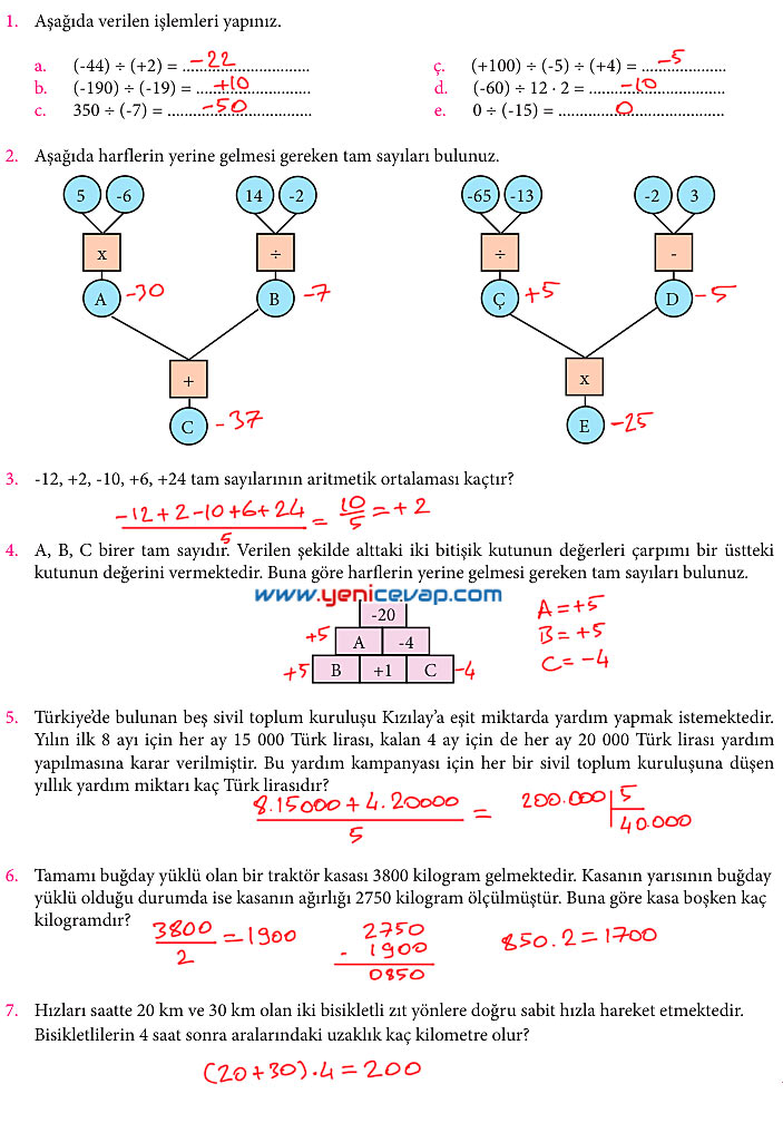 7. Sınıf Matematik Kitabı Sayfa 25 29 30 31 32 33 Cevapları Meb