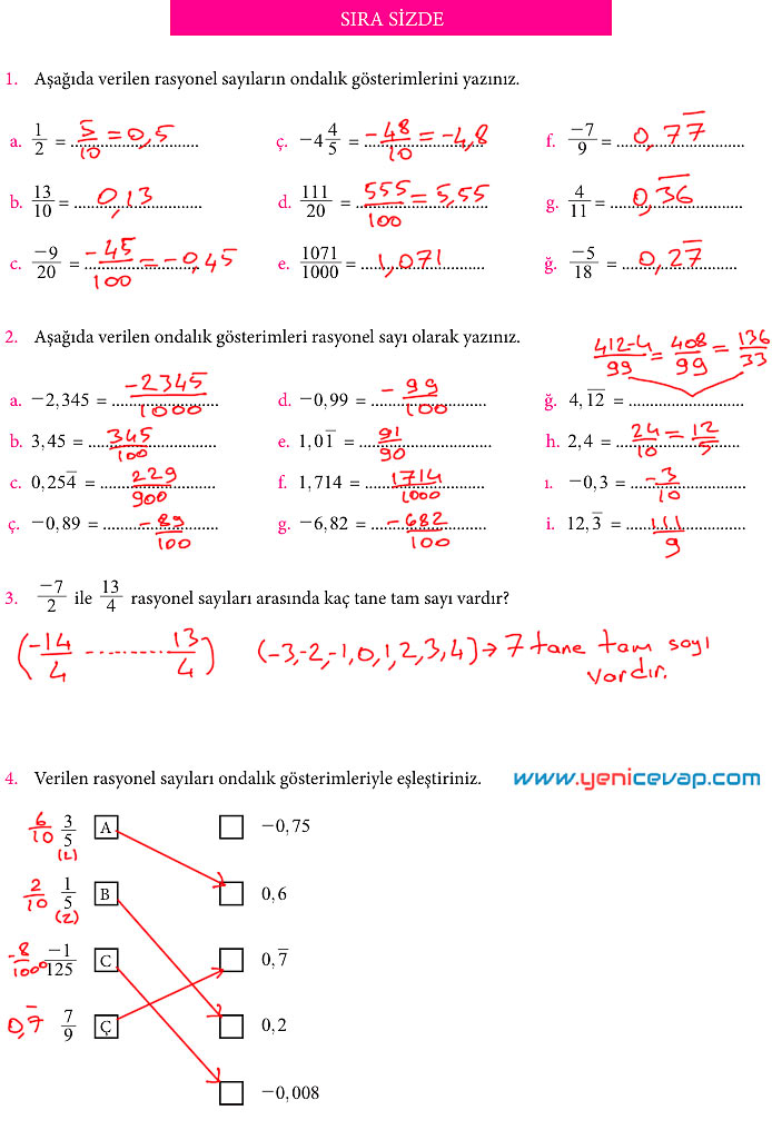 7. Sınıf Matematik Kitabı Sayfa 42 43 46 47 50 51 Cevapları Meb