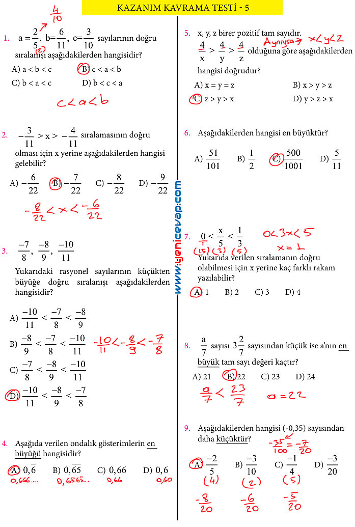 7. Sınıf Matematik Kitabı Sayfa 56 57 58 59 65 66 Cevapları Meb