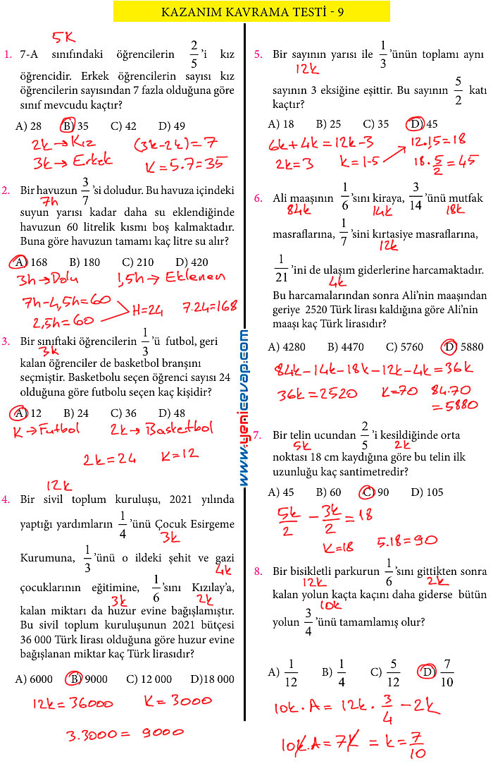7. Sınıf Matematik Kitabı Sayfa 83 84 85 88 89 90 Cevapları Meb
