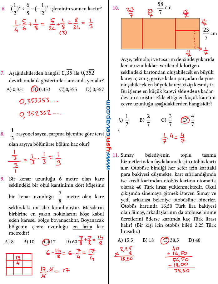 7. Sınıf Matematik Kitabı Sayfa 91 92 93 96 97 100 101 Cevapları Meb