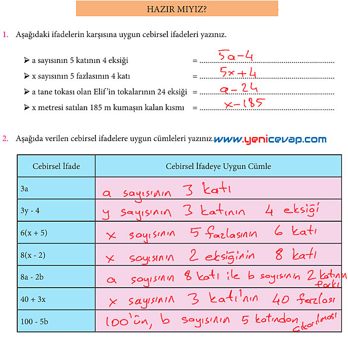 7. Sınıf Matematik Kitabı Sayfa 91 92 93 96 97 100 101 Cevapları Meb