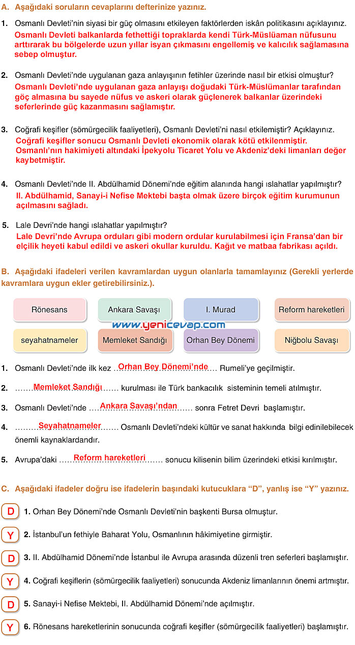 7. Sınıf Sosyal Bilgiler Kitabı Sayfa 104 105 106 107 108 109 112 Cevapları Yıldırım
