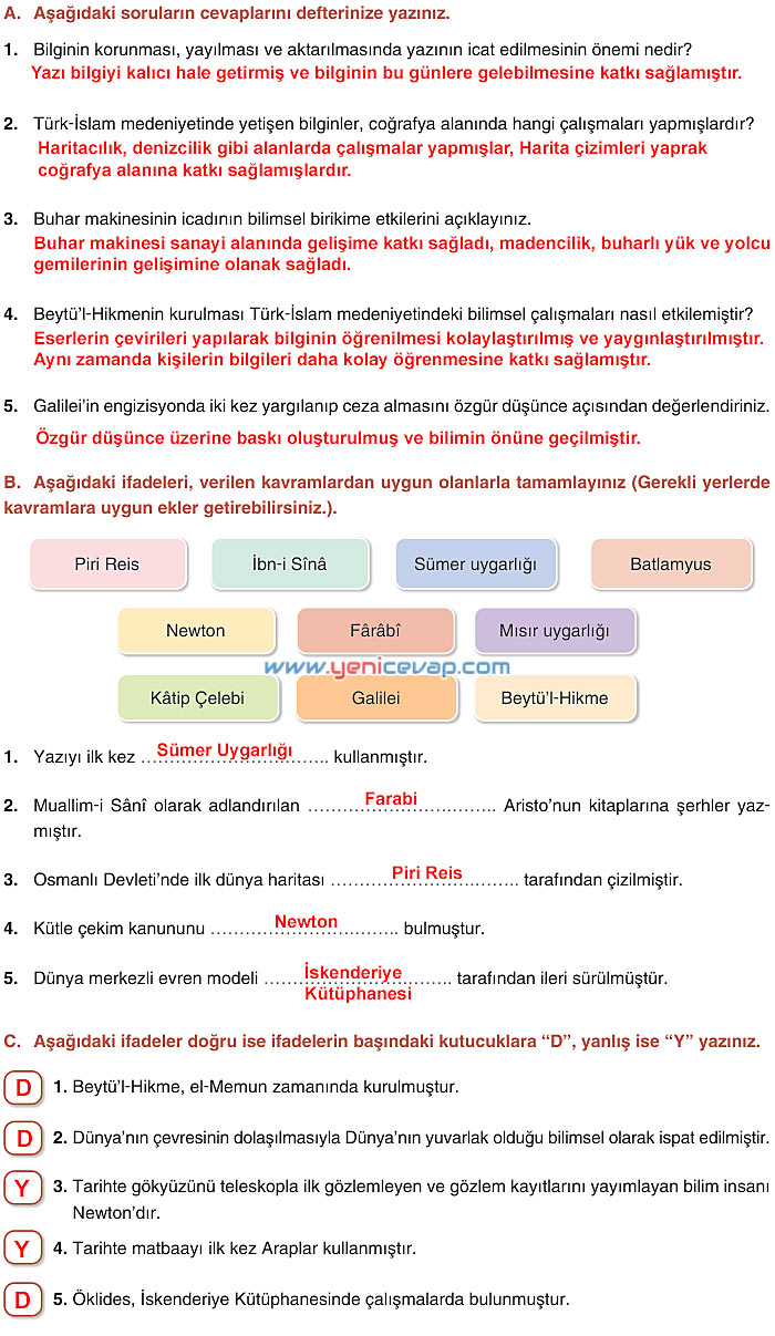 7. Sınıf Sosyal Bilgiler Kitabı Sayfa 176 177 178 179 182 183 184 Cevapları Yıldırım