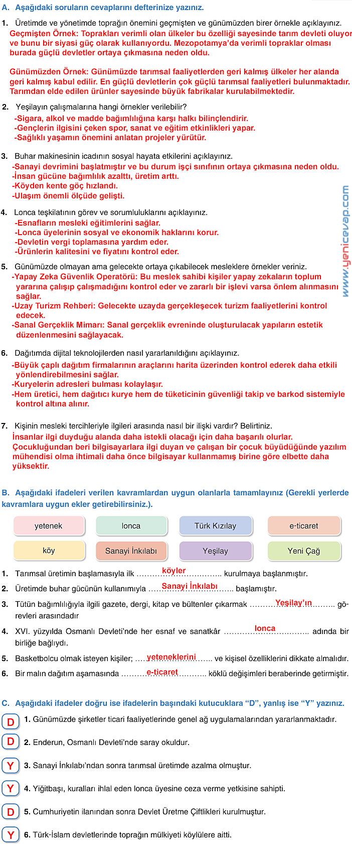 7. Sınıf Sosyal Bilgiler Kitabı Sayfa 210 211 212 213 216 217 218 Cevapları Yıldırım