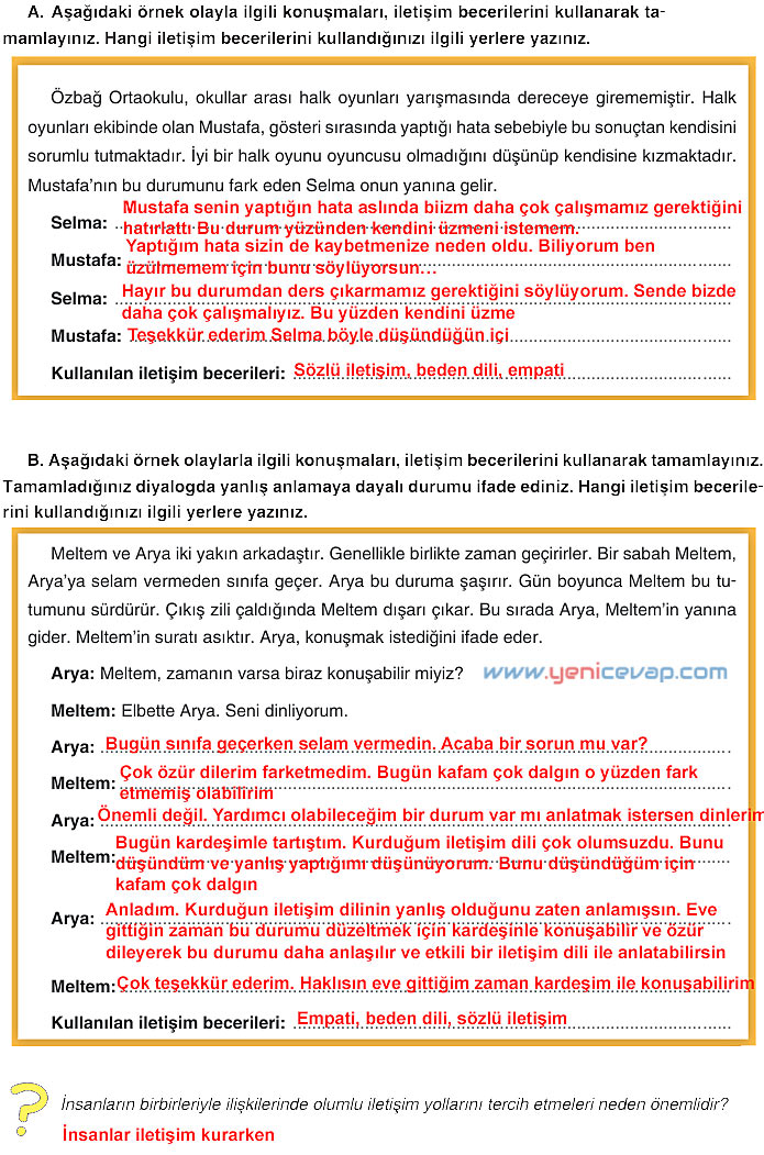 7. Sınıf Sosyal Bilgiler Kitabı Sayfa 20 21 22 23 24 25 26 28 Cevapları Yıldırım