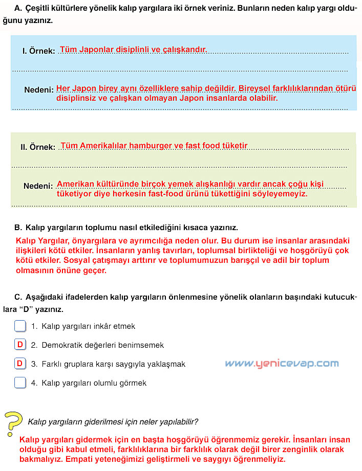 7. Sınıf Sosyal Bilgiler Kitabı Sayfa 254 257 258 259 261 262 267 Cevapları Yıldırım