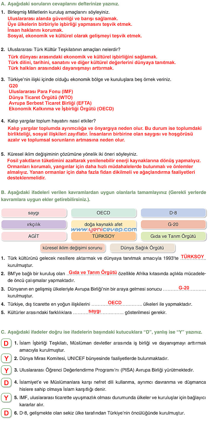 7. Sınıf Sosyal Bilgiler Kitabı Sayfa 272 273 274 275 Cevapları Yıldırım