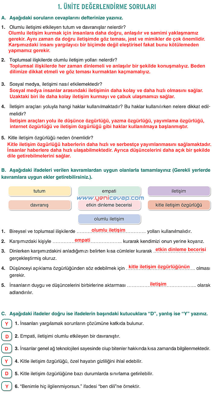 7. Sınıf Sosyal Bilgiler Kitabı Sayfa 40 41 42 43 46 47 48 49 50 Cevapları Yıldırım
