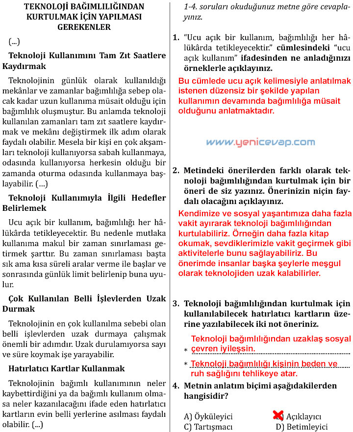 7. Sınıf Türkçe Kitabı Sayfa 101 104 105 106 110 112 113 114 Cevapları Meb