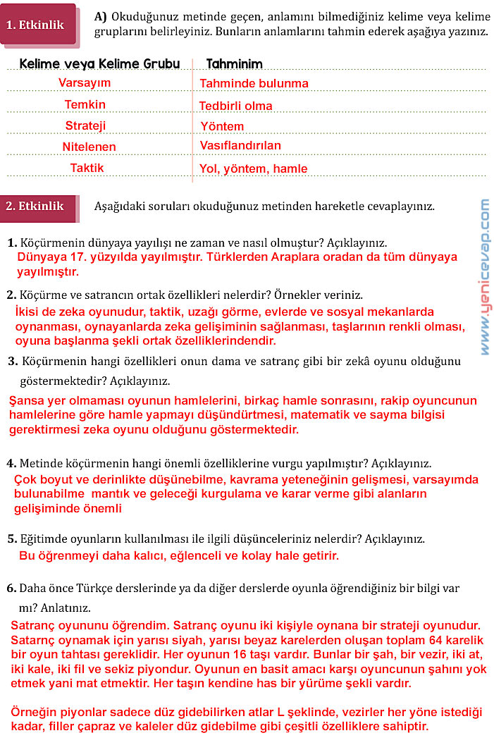 7. Sınıf Türkçe Kitabı Sayfa 151 152 154 155 156 157 158 160 Cevapları Meb