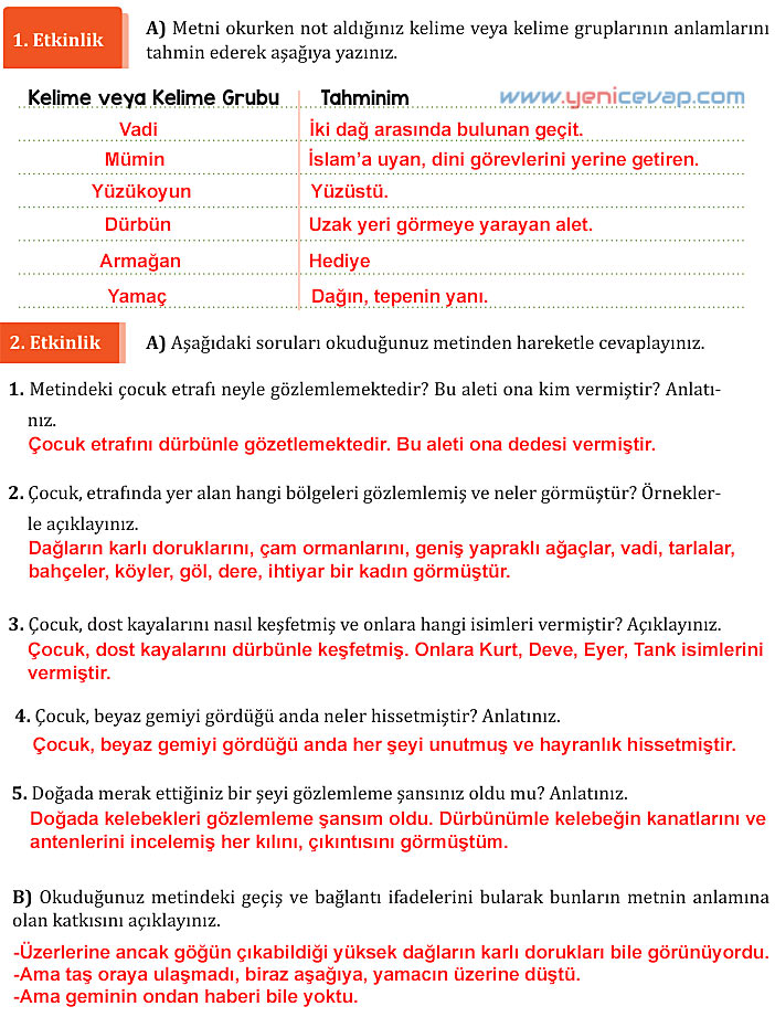 7. Sınıf Türkçe Kitabı Sayfa 184 185 186 187 188 191 192 193 Cevapları Meb